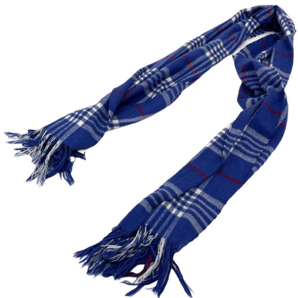 Blue plaid scarf with tassel ends